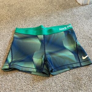 Nike Pro Green and Blue Geometric Performance Shorts